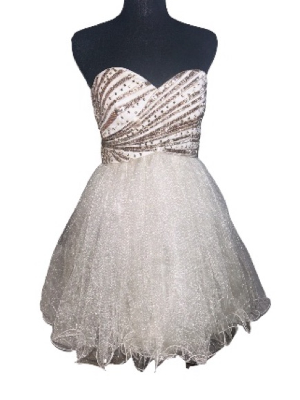Strapless White Tulle Dress with Gold Sequin Bodice